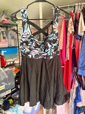 Angel Black swim set with shorts with Blue and Lavender Leaf Pattern